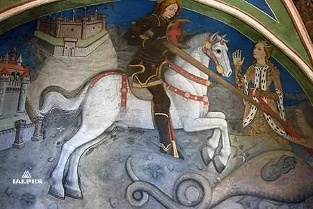 Saint Georges sous les traits de Georges de Challant, tuant le dragon et sauve la princesse.